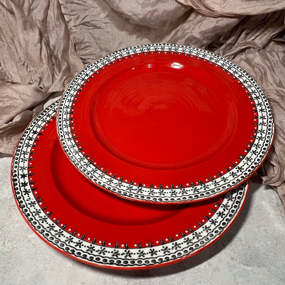 Anthropologie Reddish Orange with Patterned Edge Dinner Size Plates
